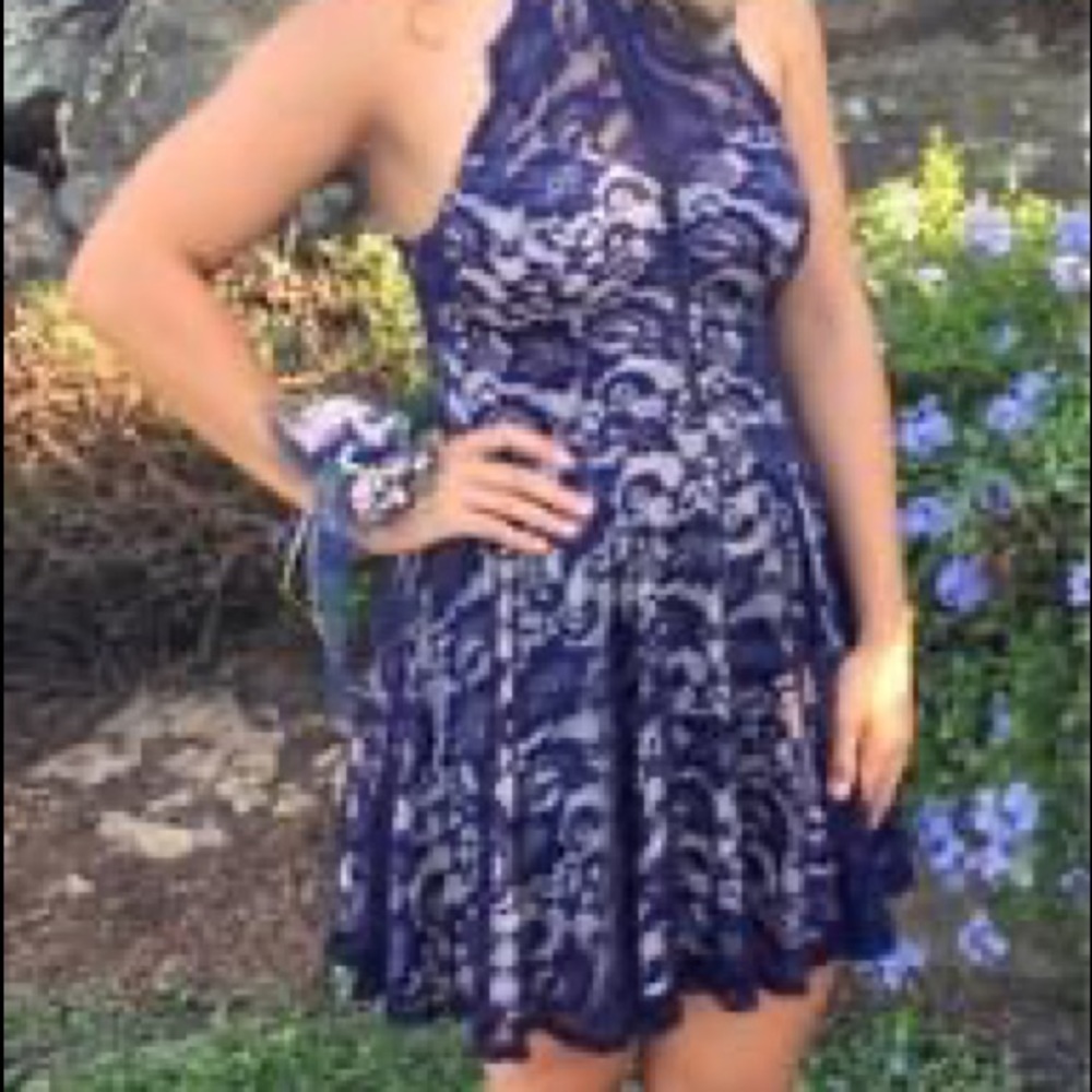 Gorgeous Navy/Blush Lace Homecoming Dress